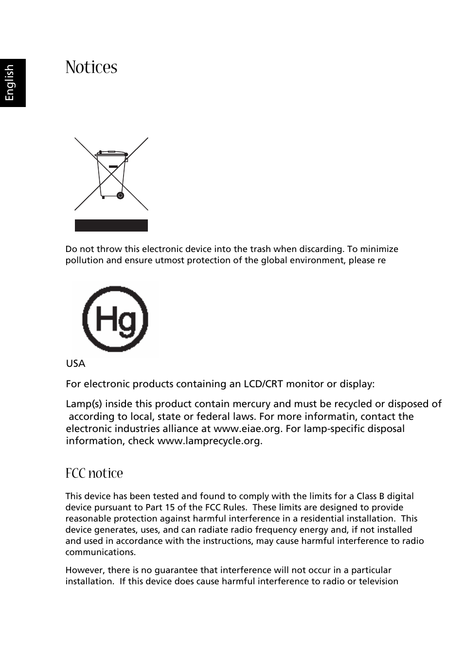 Notices, Environmental policy declaration, Fcc notice | Disposal instructions | Acer Aspire E560 User Manual | Page 2 / 20