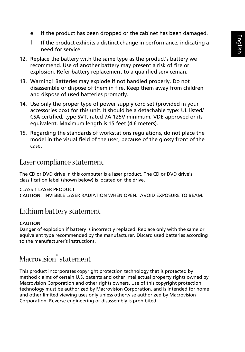 Laser compliance statement, Lithium battery statement, Macrovision® statement | Macrovision, Statement | Acer Aspire E560 User Manual | Page 5 / 20