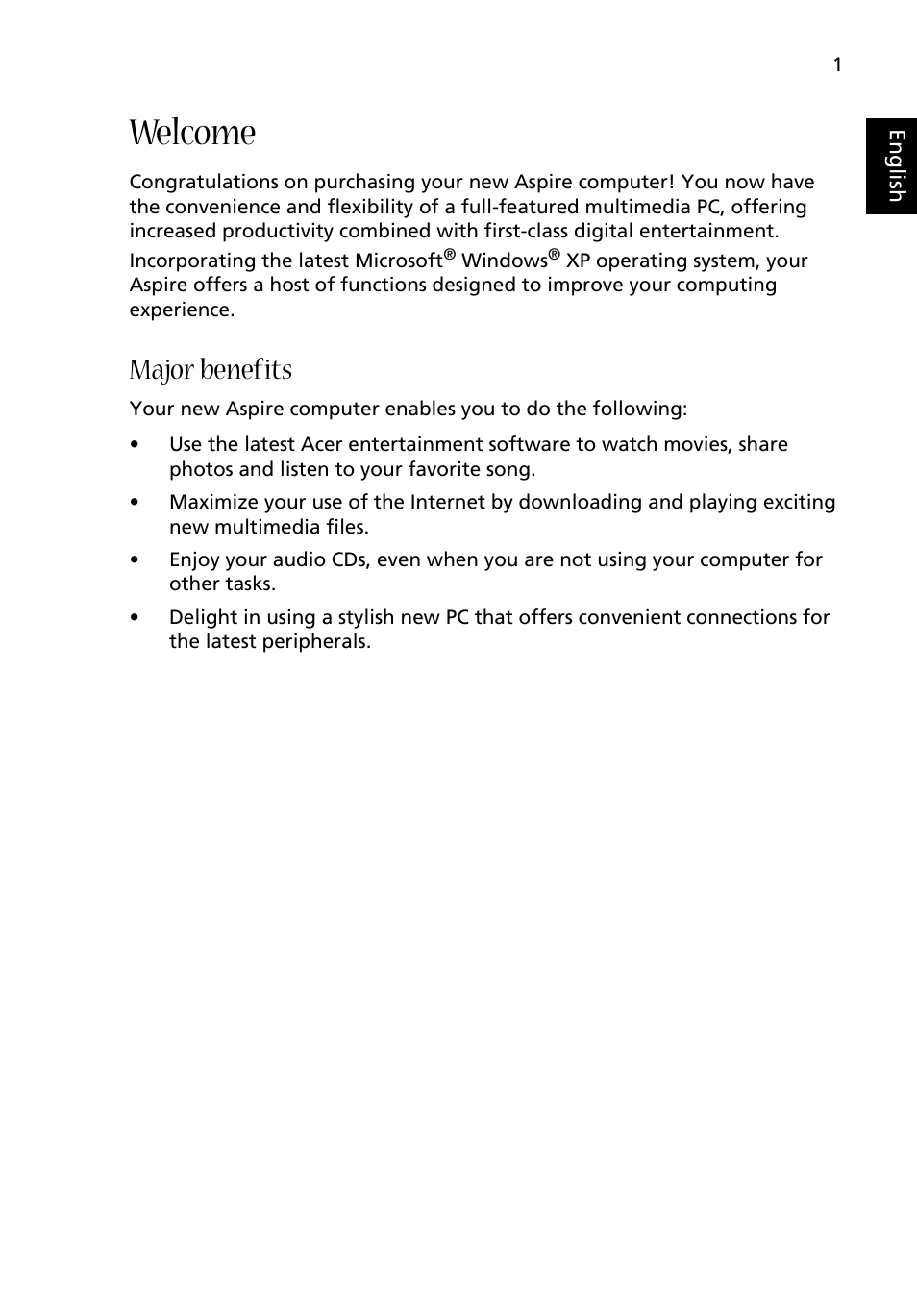 Welcome, Major benefits | Acer Aspire E560 User Manual | Page 9 / 20