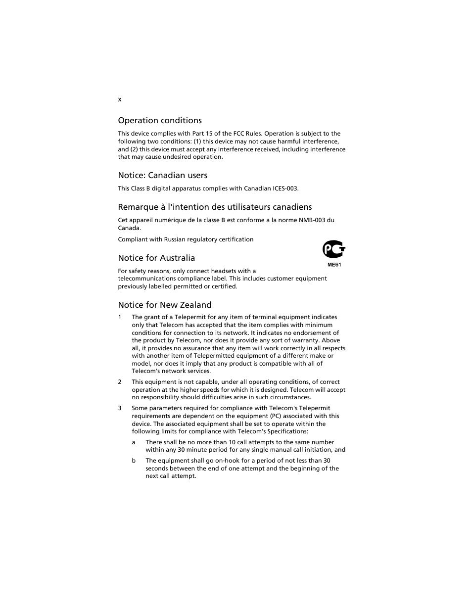 Operation conditions, Notice: canadian users, Remarque à l'intention des utilisateurs canadiens | Notice for australia, Notice for new zealand | Acer AT310 F1 User Manual | Page 10 / 176