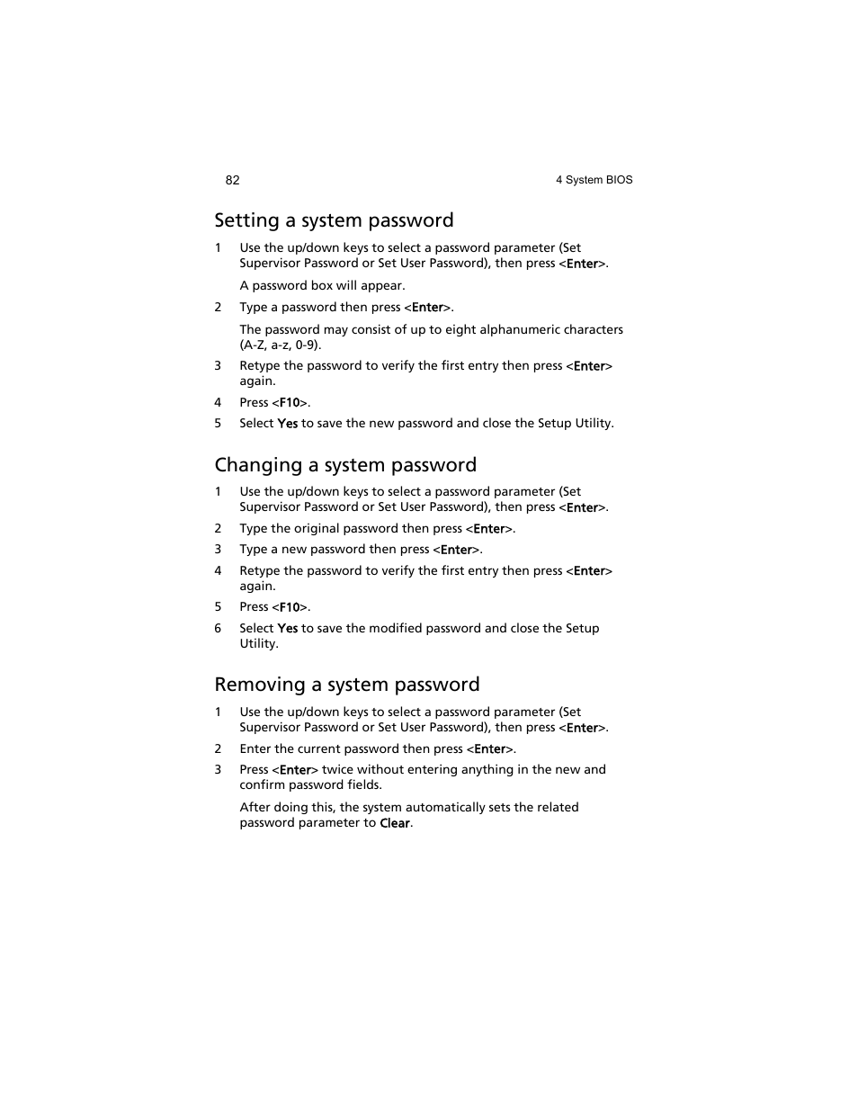 Setting a system password, Changing a system password, Removing a system password | Acer AT310 F1 User Manual | Page 100 / 176