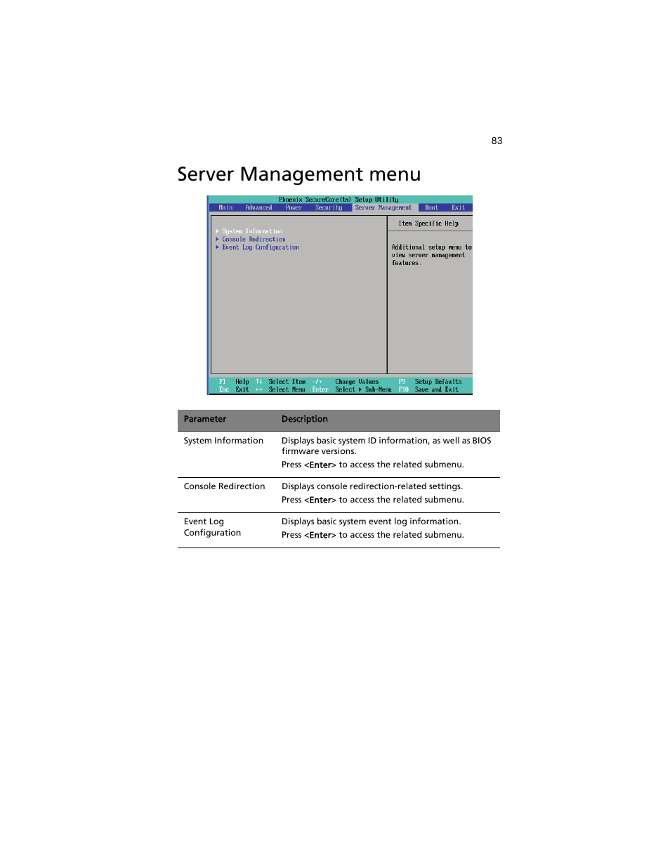 Server management menu | Acer AT310 F1 User Manual | Page 101 / 176