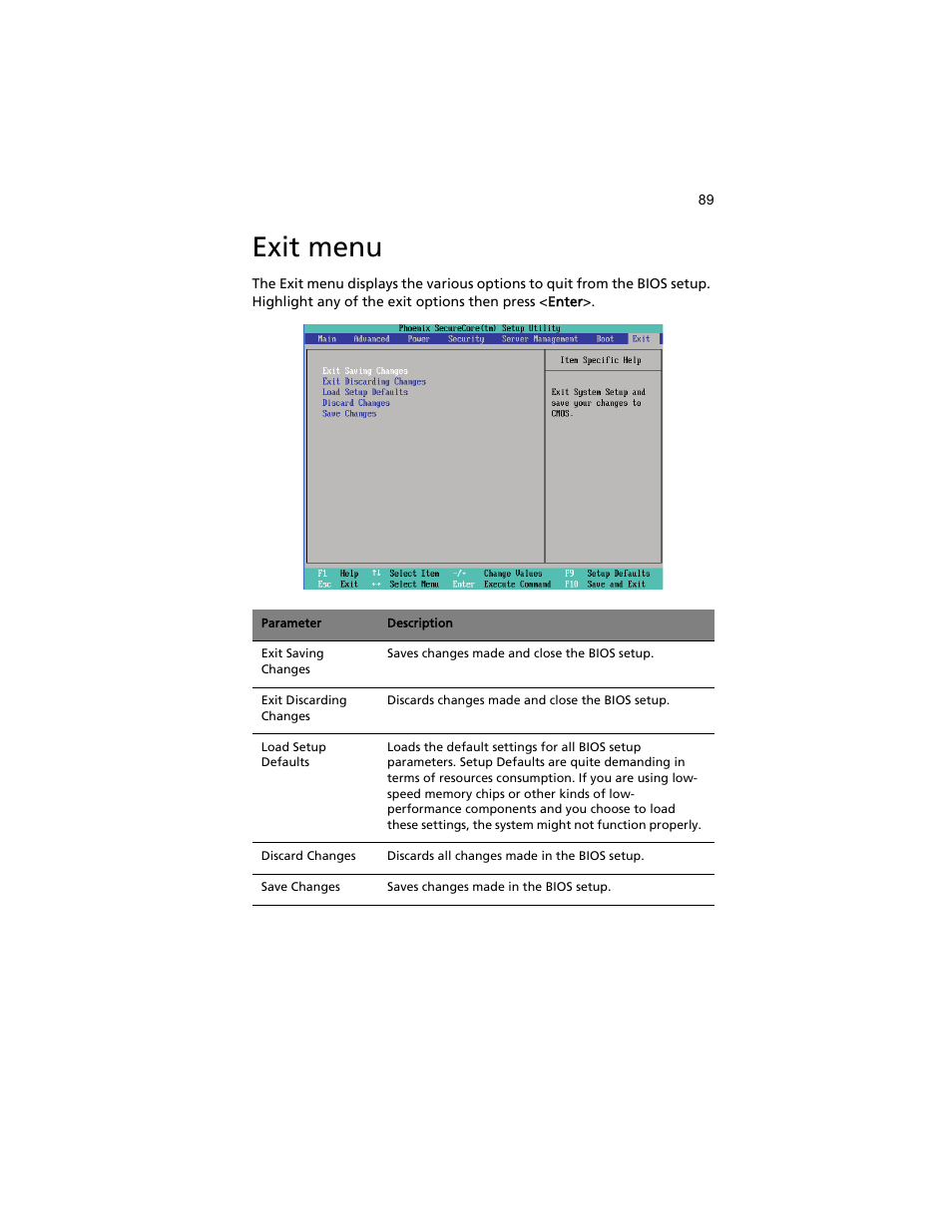 Exit menu | Acer AT310 F1 User Manual | Page 107 / 176