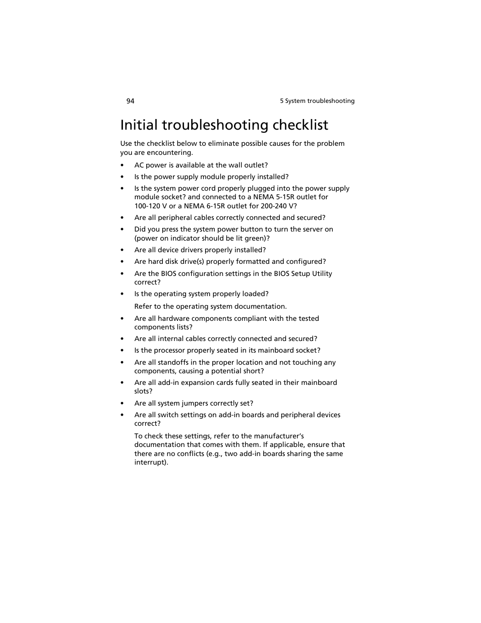 Initial troubleshooting checklist | Acer AT310 F1 User Manual | Page 112 / 176