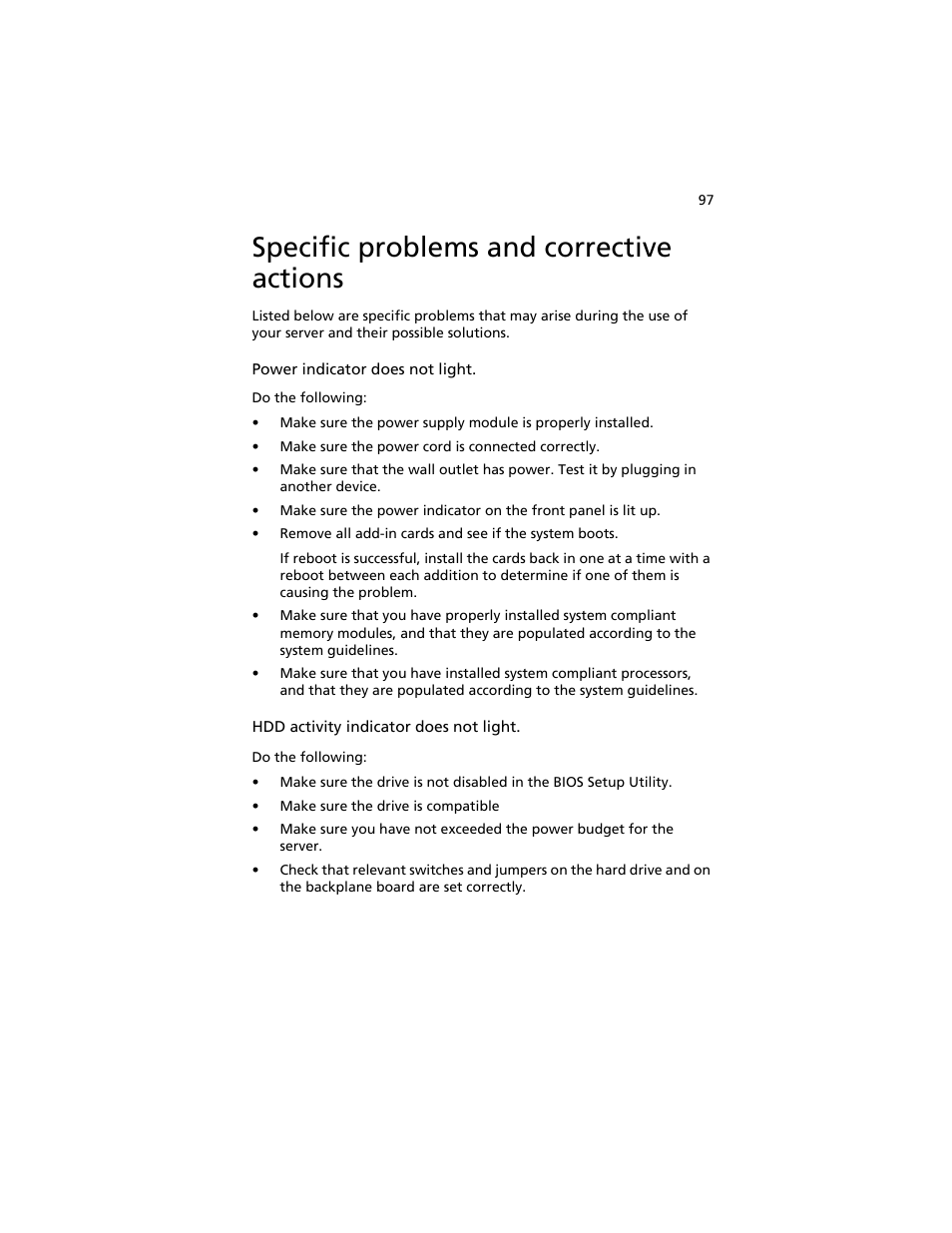 Specific problems and corrective actions | Acer AT310 F1 User Manual | Page 115 / 176