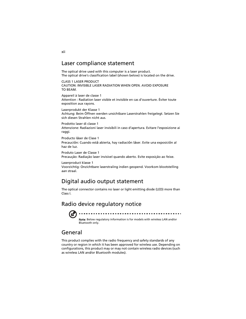 Laser compliance statement, Digital audio output statement, Radio device regulatory notice | General | Acer AT310 F1 User Manual | Page 12 / 176