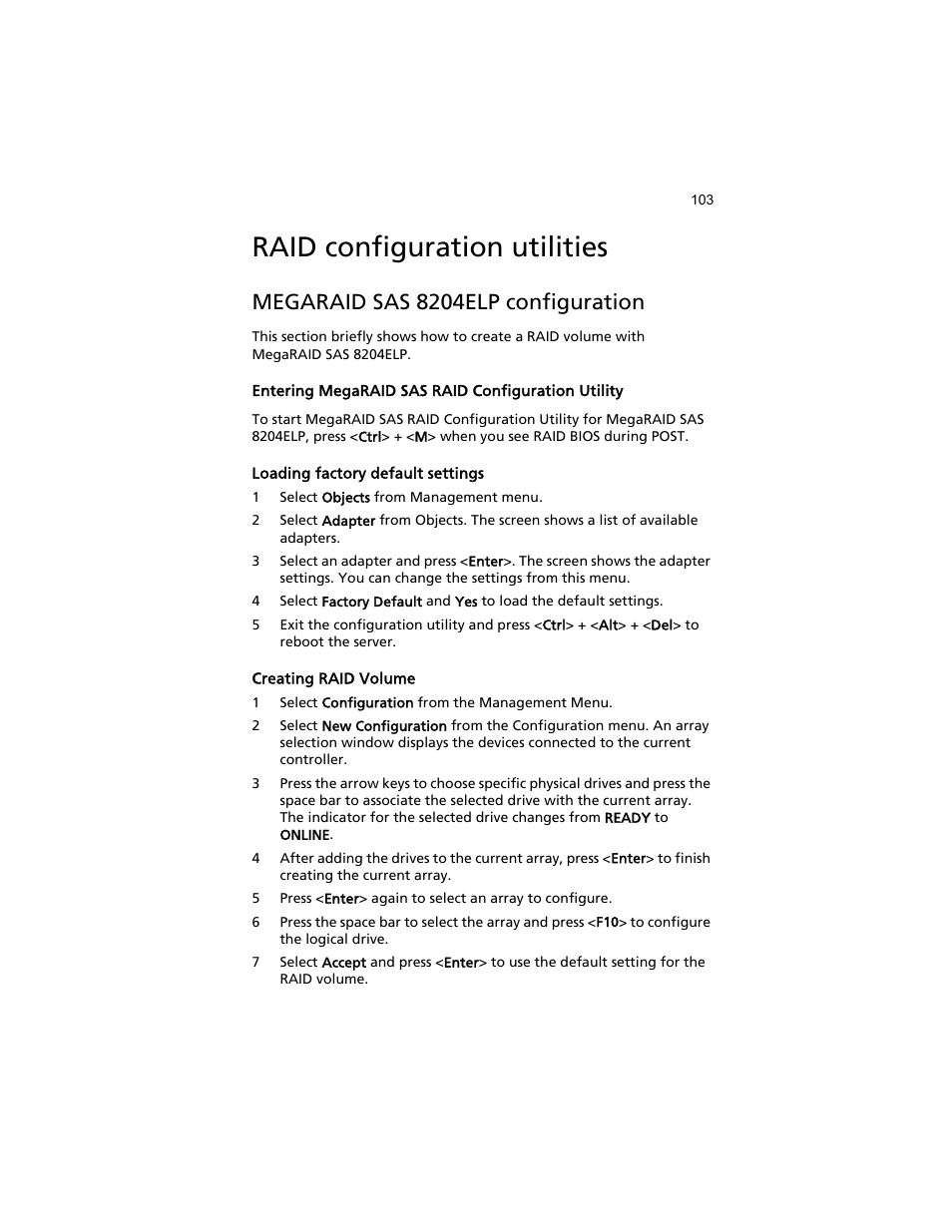 Raid configuration utilities, Megaraid sas 8204elp configuration | Acer AT310 F1 User Manual | Page 121 / 176