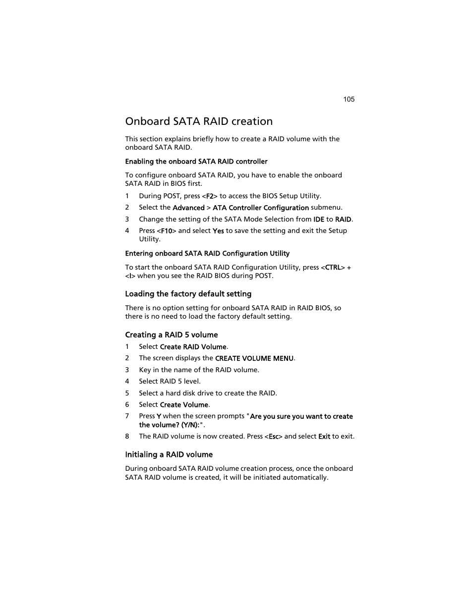 Onboard sata raid creation | Acer AT310 F1 User Manual | Page 123 / 176
