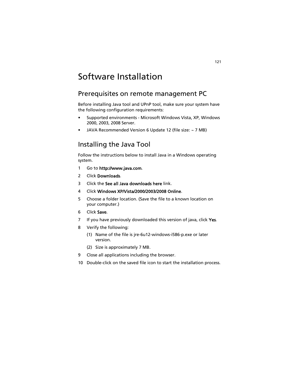Software installation, Prerequisites on remote management pc, Installing the java tool | Acer AT310 F1 User Manual | Page 139 / 176