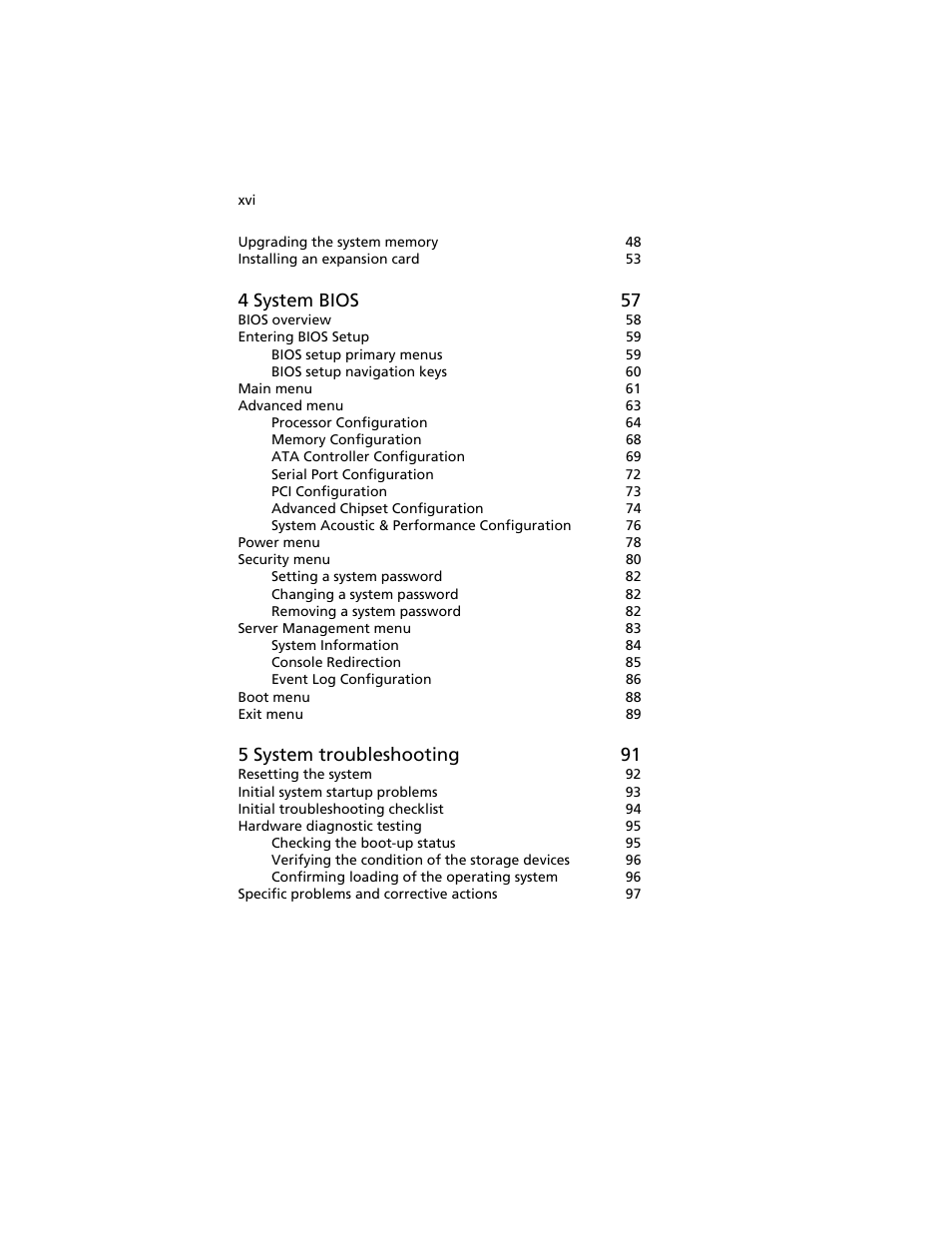 4 system bios 57, 5 system troubleshooting 91 | Acer AT310 F1 User Manual | Page 16 / 176