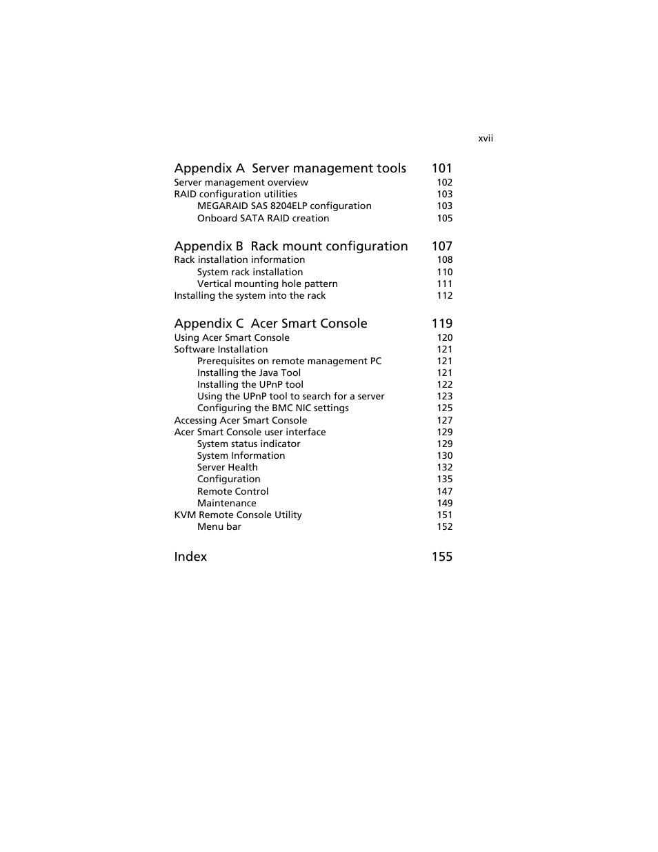 Appendix a server management tools 101, Appendix b rack mount configuration 107, Appendix c acer smart console 119 | Index 155 | Acer AT310 F1 User Manual | Page 17 / 176
