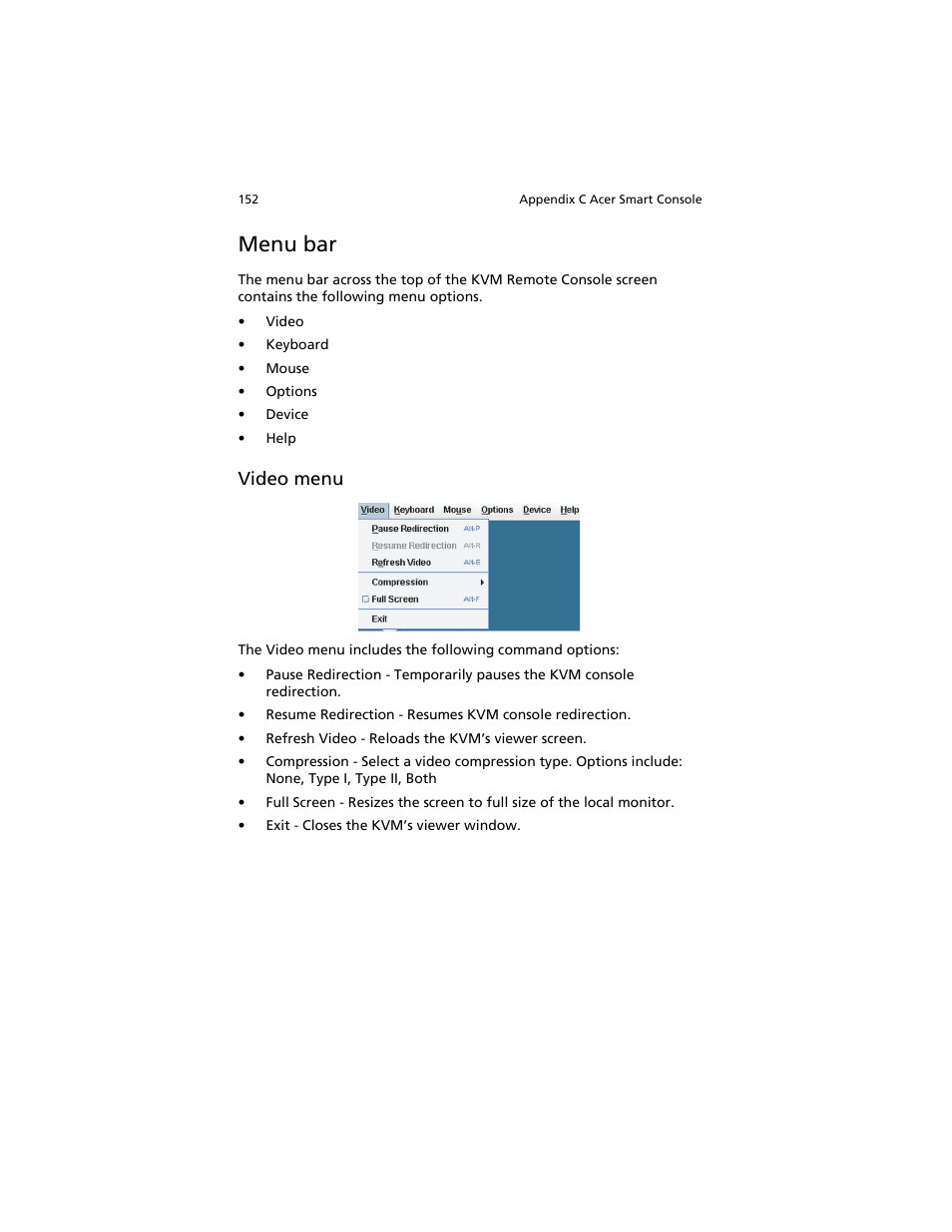 Menu bar, Video menu | Acer AT310 F1 User Manual | Page 170 / 176