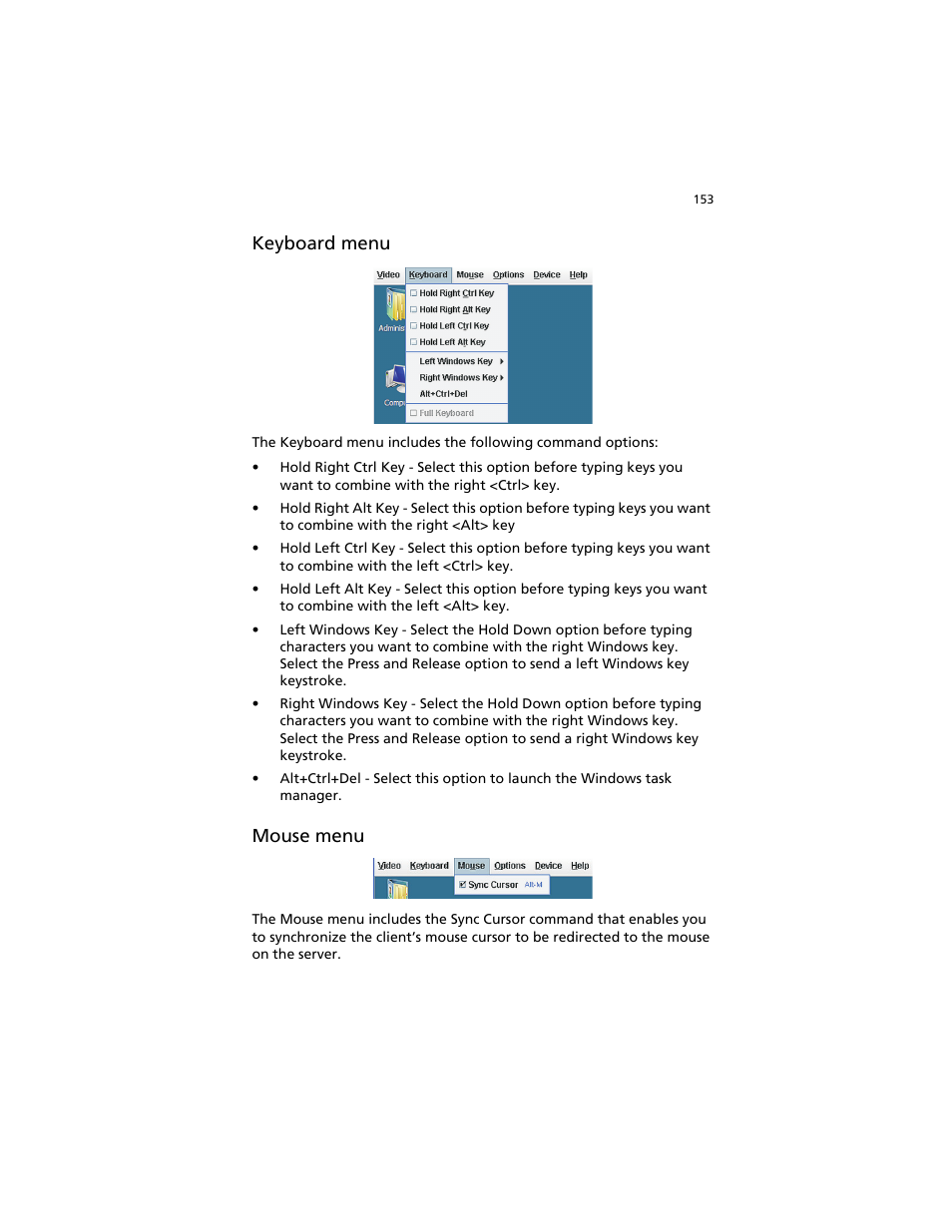 Keyboard menu, Mouse menu | Acer AT310 F1 User Manual | Page 171 / 176