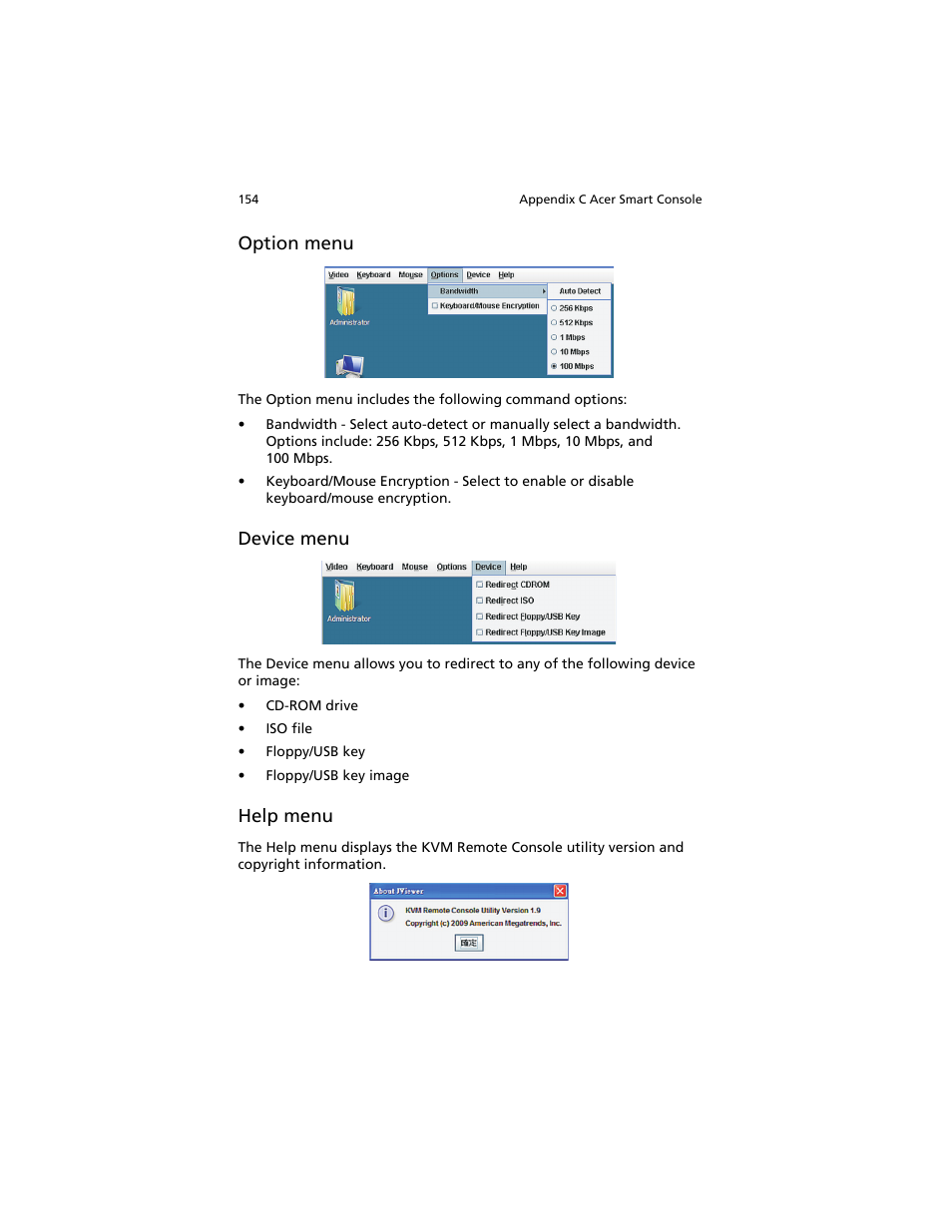 Option menu, Device menu, Help menu | Acer AT310 F1 User Manual | Page 172 / 176