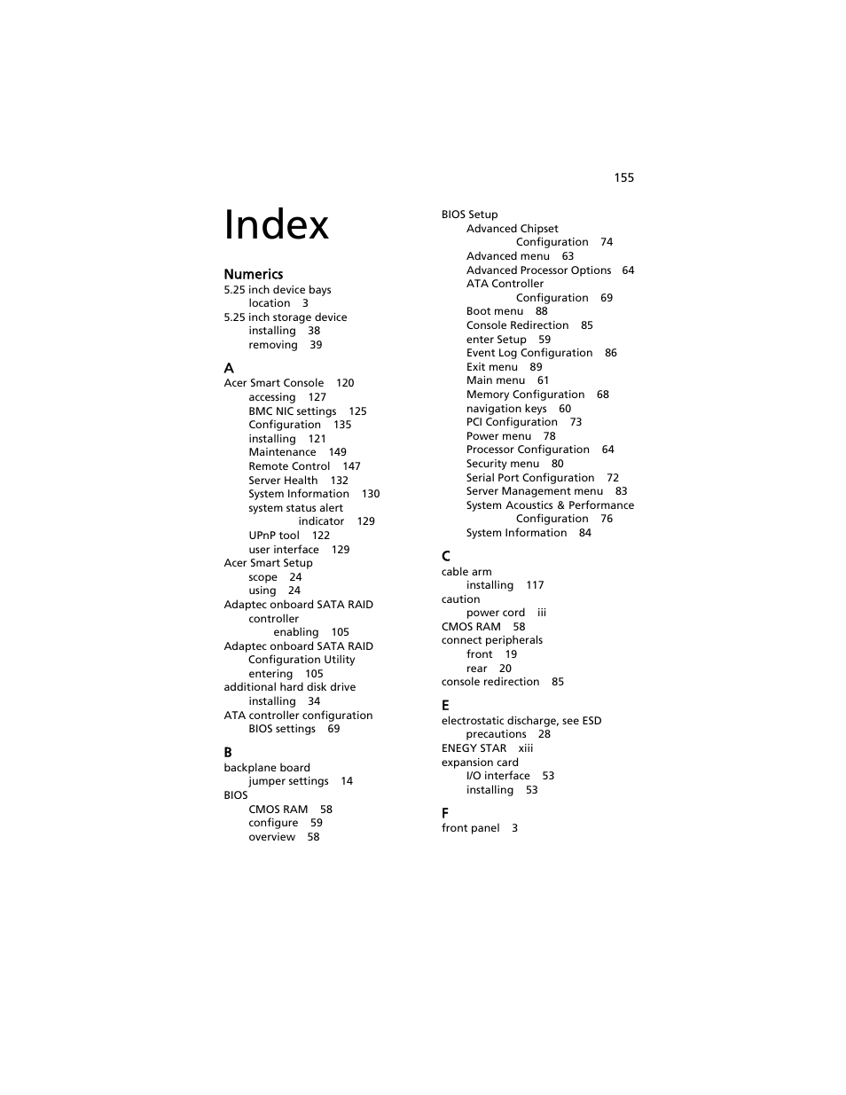 Index, Index 155 | Acer AT310 F1 User Manual | Page 173 / 176