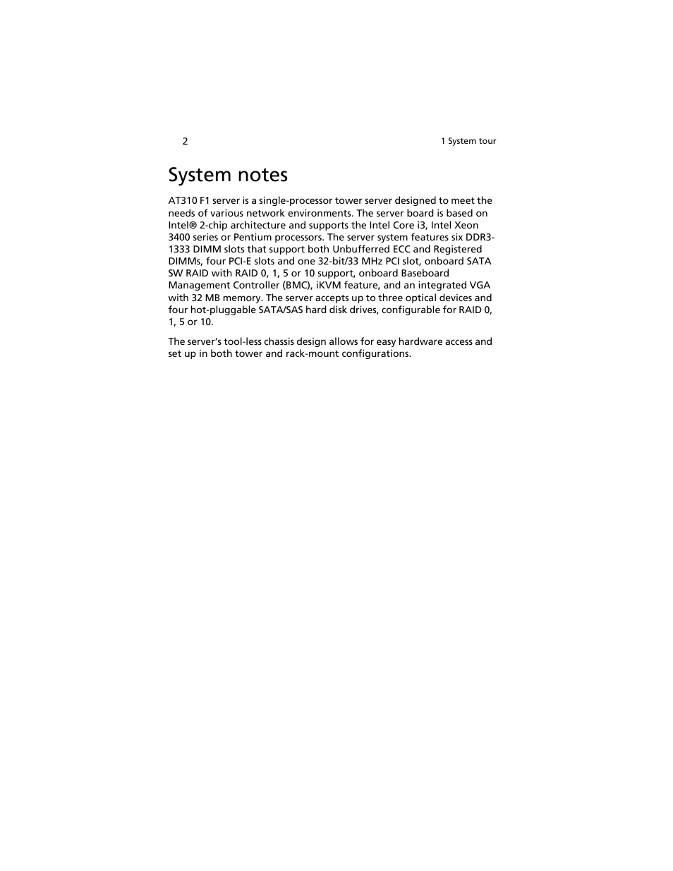 System notes | Acer AT310 F1 User Manual | Page 20 / 176