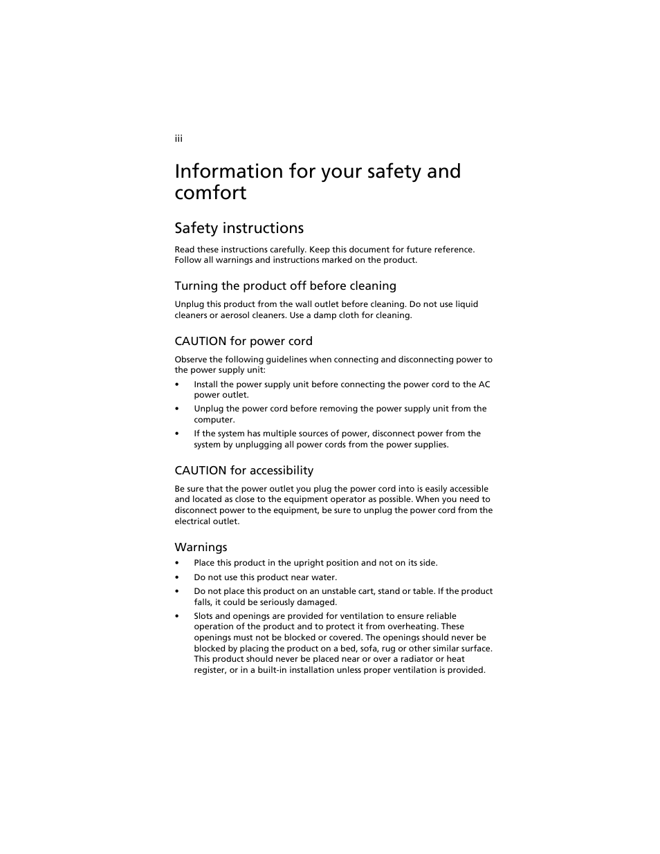 Information for your safety and comfort, Safety instructions | Acer AT310 F1 User Manual | Page 3 / 176