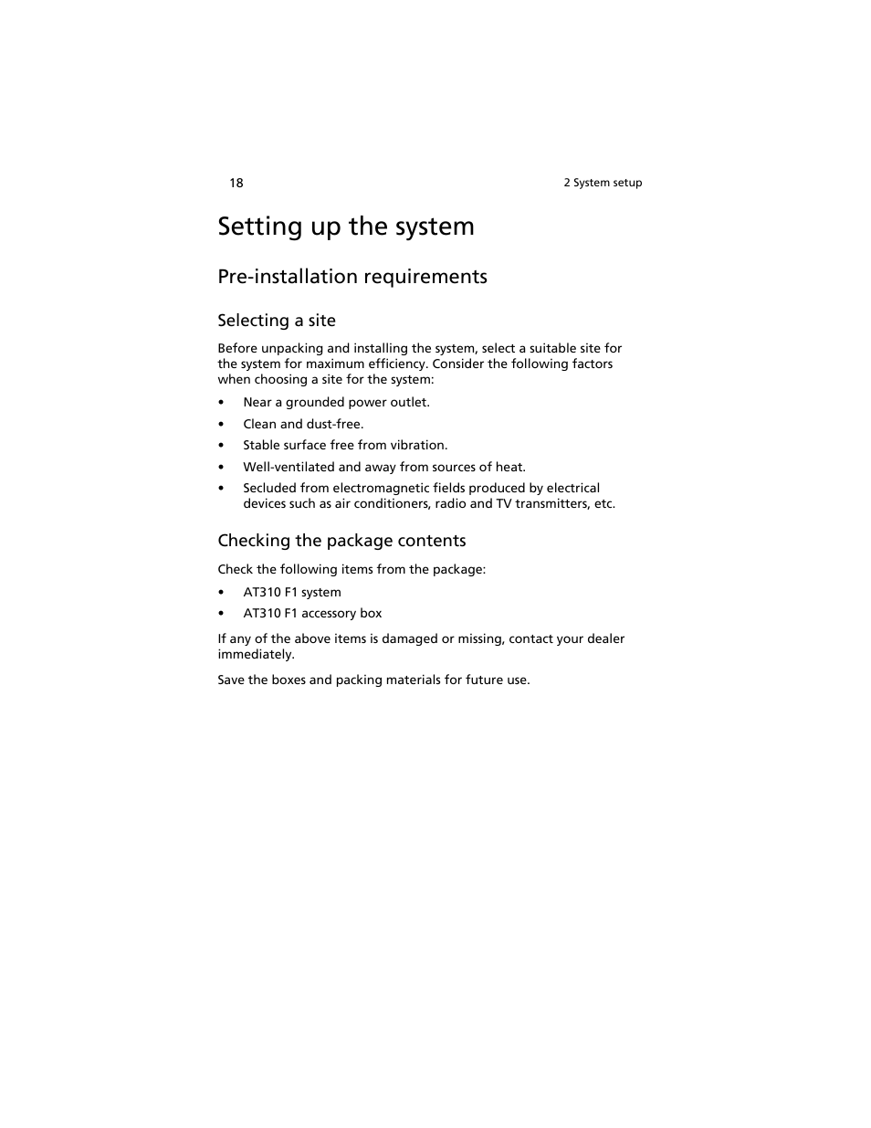 Setting up the system, Pre-installation requirements | Acer AT310 F1 User Manual | Page 36 / 176