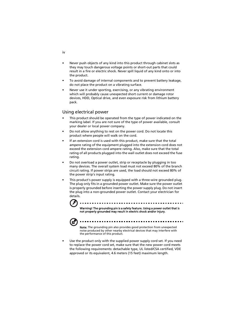 Using electrical power | Acer AT310 F1 User Manual | Page 4 / 176