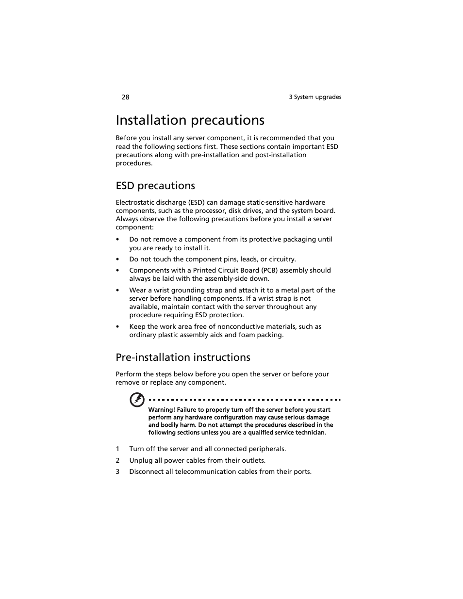 Installation precautions, Esd precautions, Pre-installation instructions | Pre-installation instructions 28 | Acer AT310 F1 User Manual | Page 46 / 176