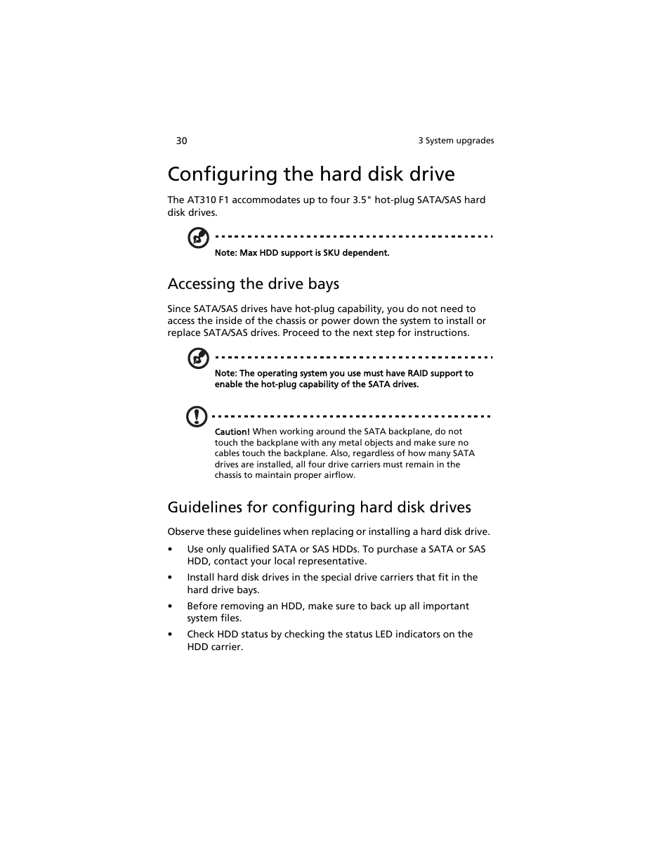 Configuring the hard disk drive, Accessing the drive bays, Guidelines for configuring hard disk drives | Acer AT310 F1 User Manual | Page 48 / 176