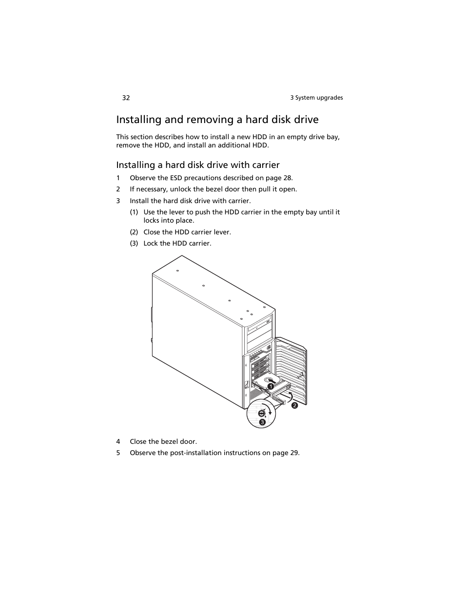 Installing and removing a hard disk drive, Installing a hard disk drive with carrier | Acer AT310 F1 User Manual | Page 50 / 176