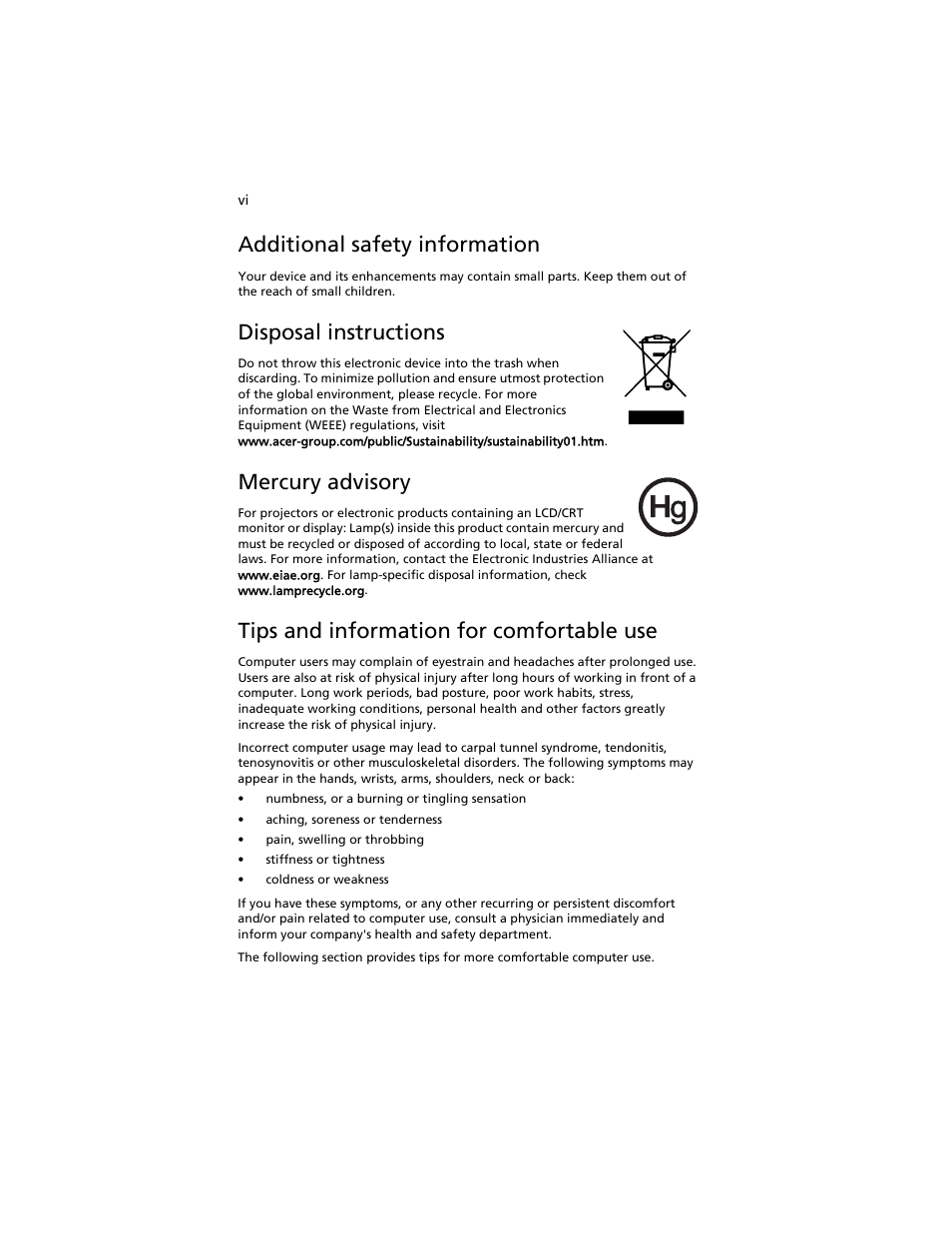 Additional safety information, Disposal instructions, Mercury advisory | Tips and information for comfortable use | Acer AT310 F1 User Manual | Page 6 / 176