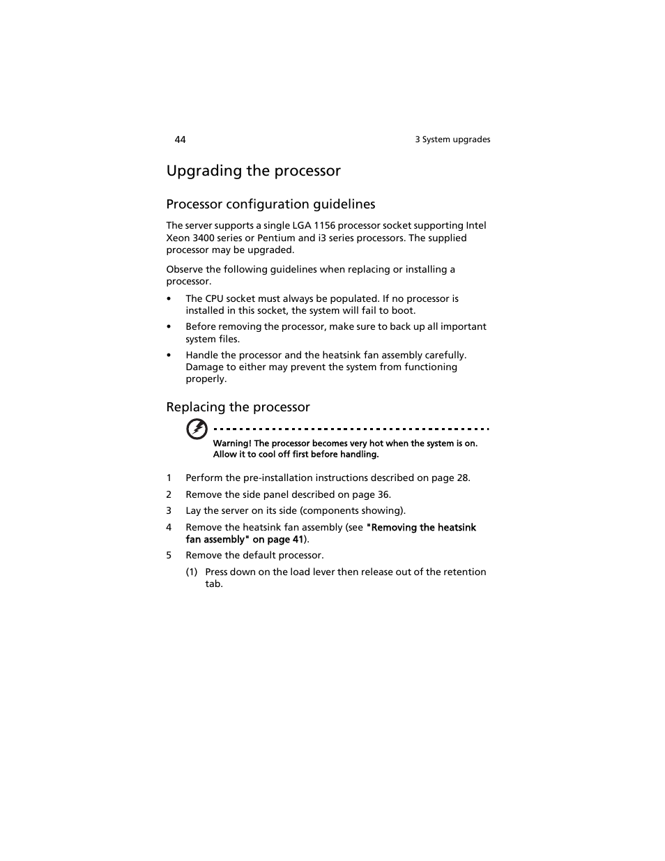 Upgrading the processor, Processor configuration guidelines, Replacing the processor | Acer AT310 F1 User Manual | Page 62 / 176