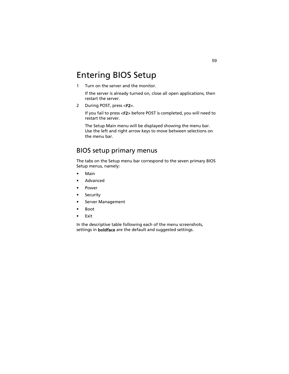 Entering bios setup, Bios setup primary menus | Acer AT310 F1 User Manual | Page 77 / 176