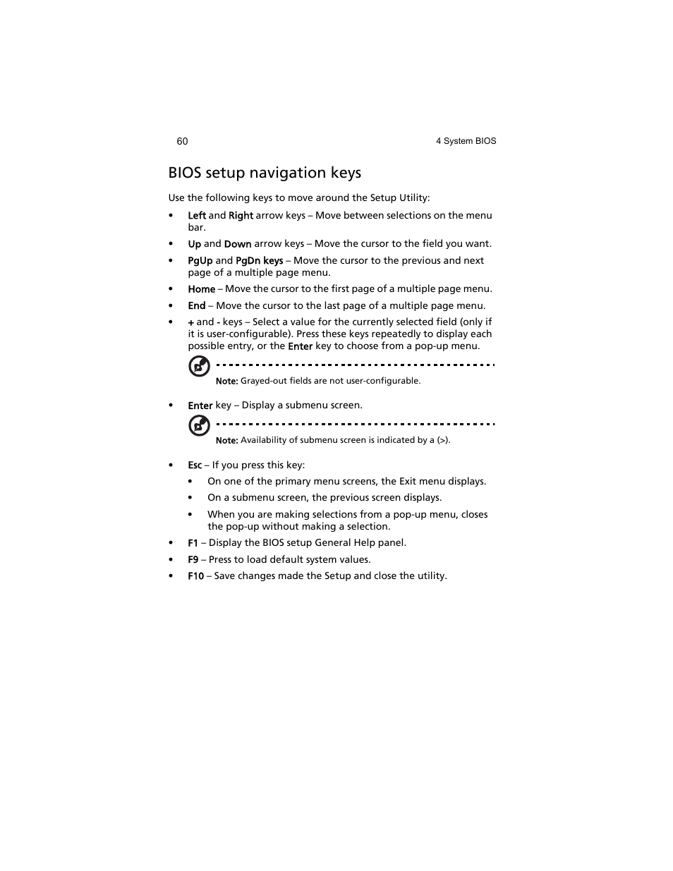 Bios setup navigation keys | Acer AT310 F1 User Manual | Page 78 / 176