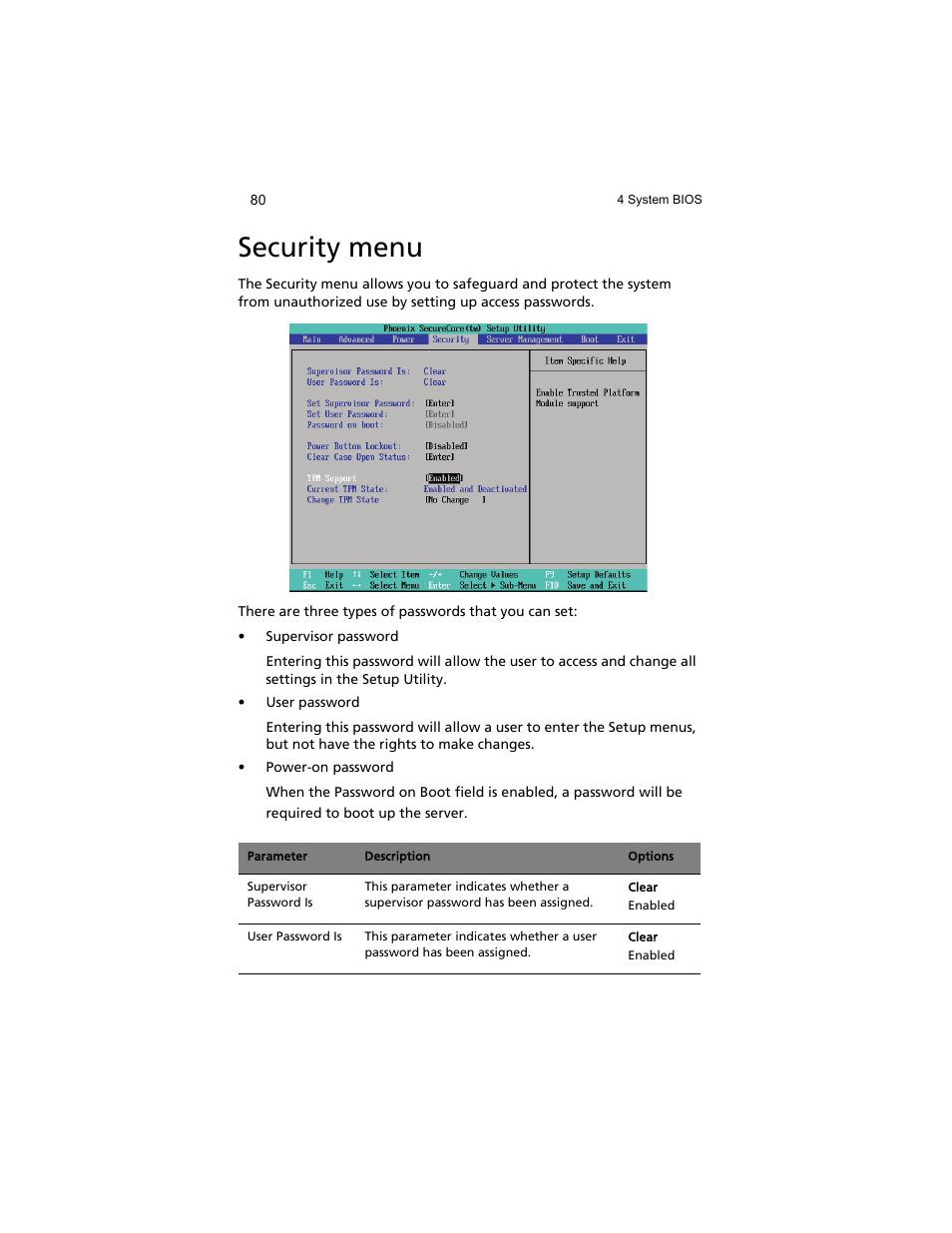 Security menu | Acer AT310 F1 User Manual | Page 98 / 176