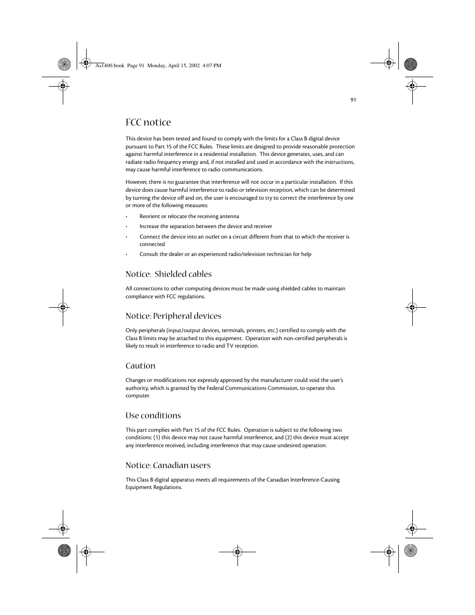 Fcc notice, Notice: shielded cables, Notice: peripheral devices | Caution, Use conditions, Notice: canadian users | Acer Aspire 1400 User Manual | Page 101 / 110