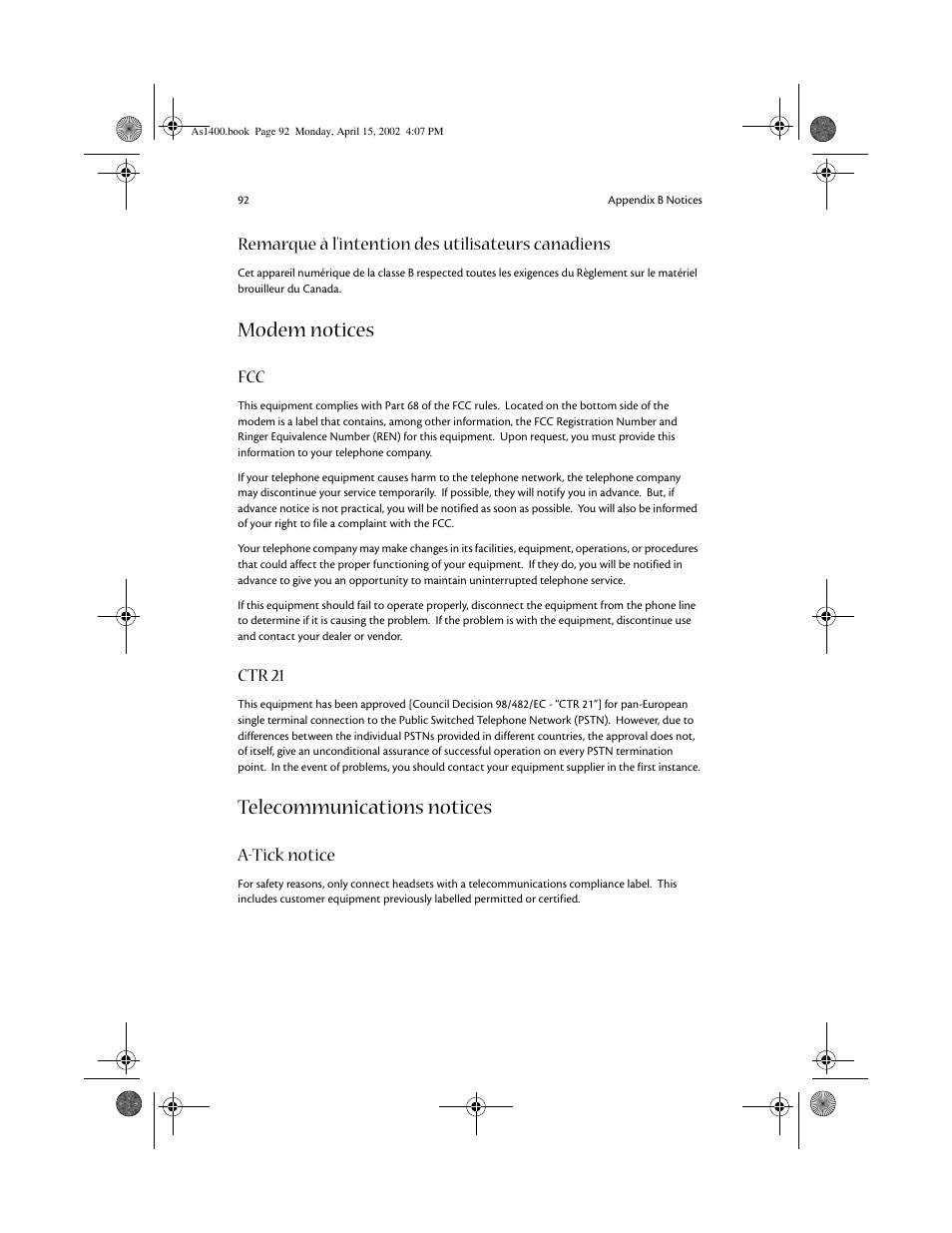 Modem notices, Telecommunications notices, Remarque à l’intention des utilisateurs canadiens | Ctr 21, A-tick notice | Acer Aspire 1400 User Manual | Page 102 / 110