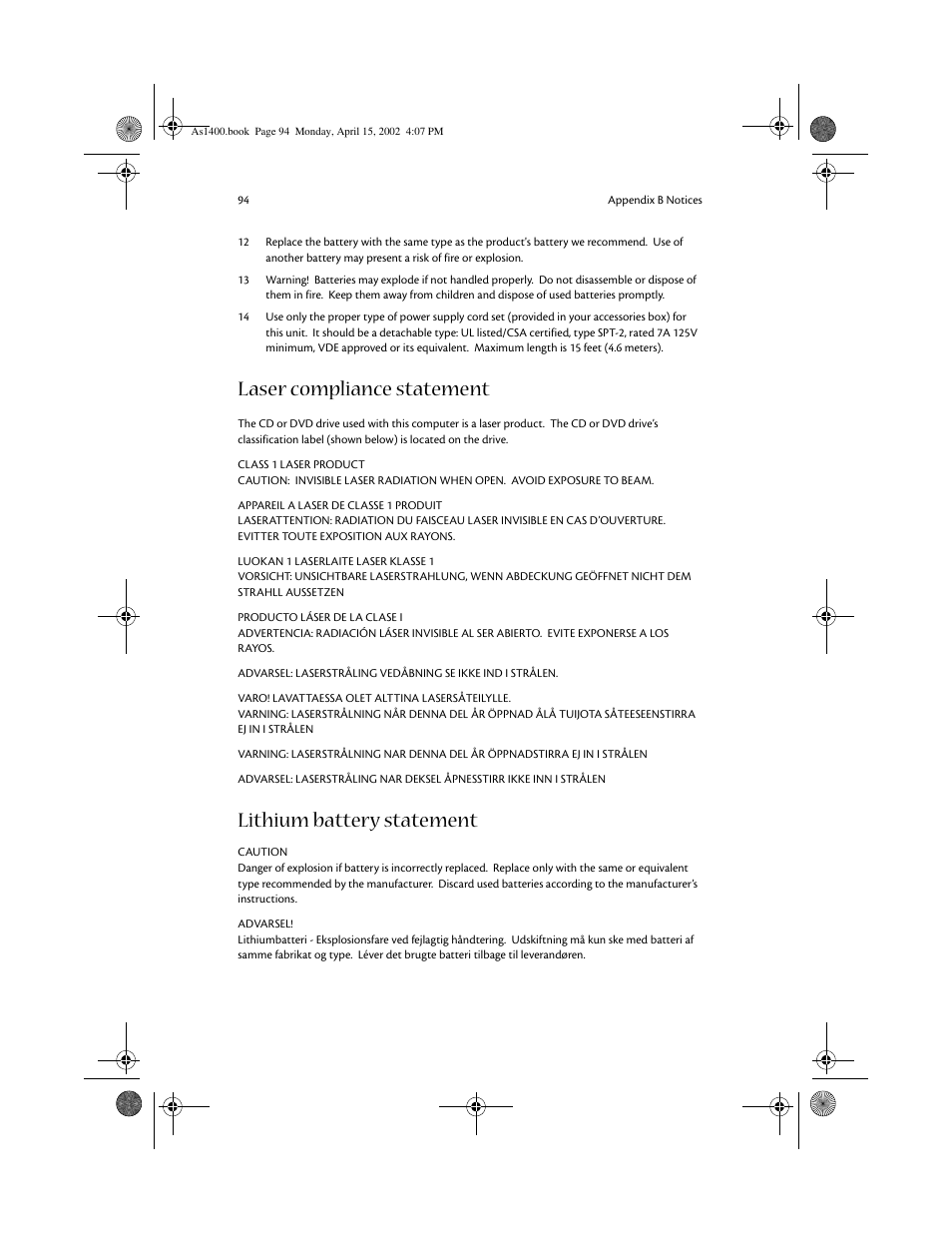 Laser compliance statement, Lithium battery statement | Acer Aspire 1400 User Manual | Page 104 / 110