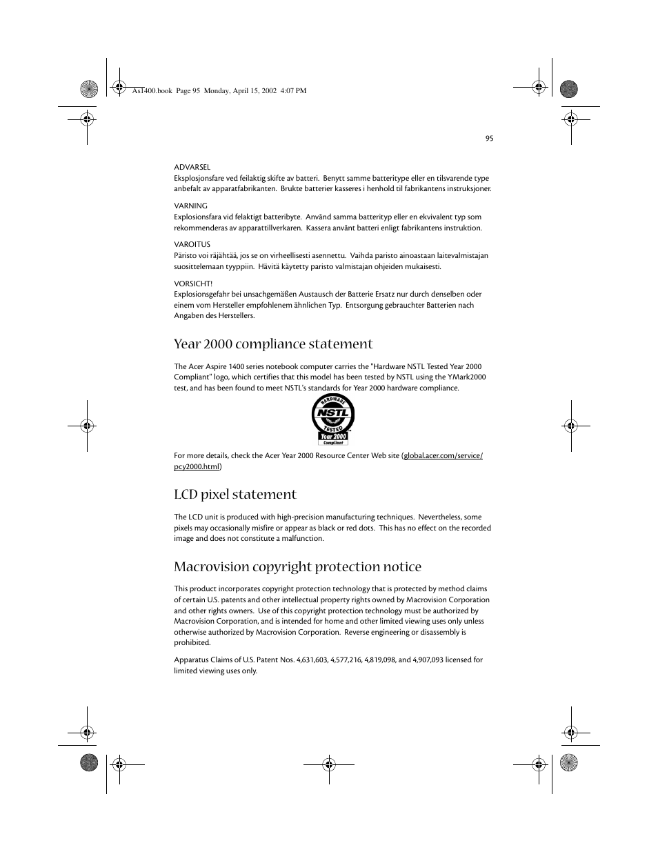 Year 2000 compliance statement, Lcd pixel statement, Macrovision copyright protection notice | Acer Aspire 1400 User Manual | Page 105 / 110