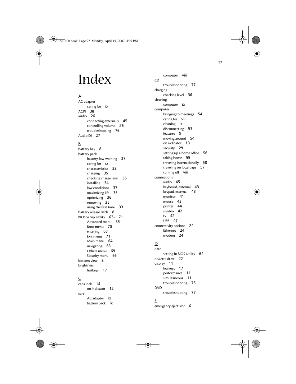 Index | Acer Aspire 1400 User Manual | Page 107 / 110