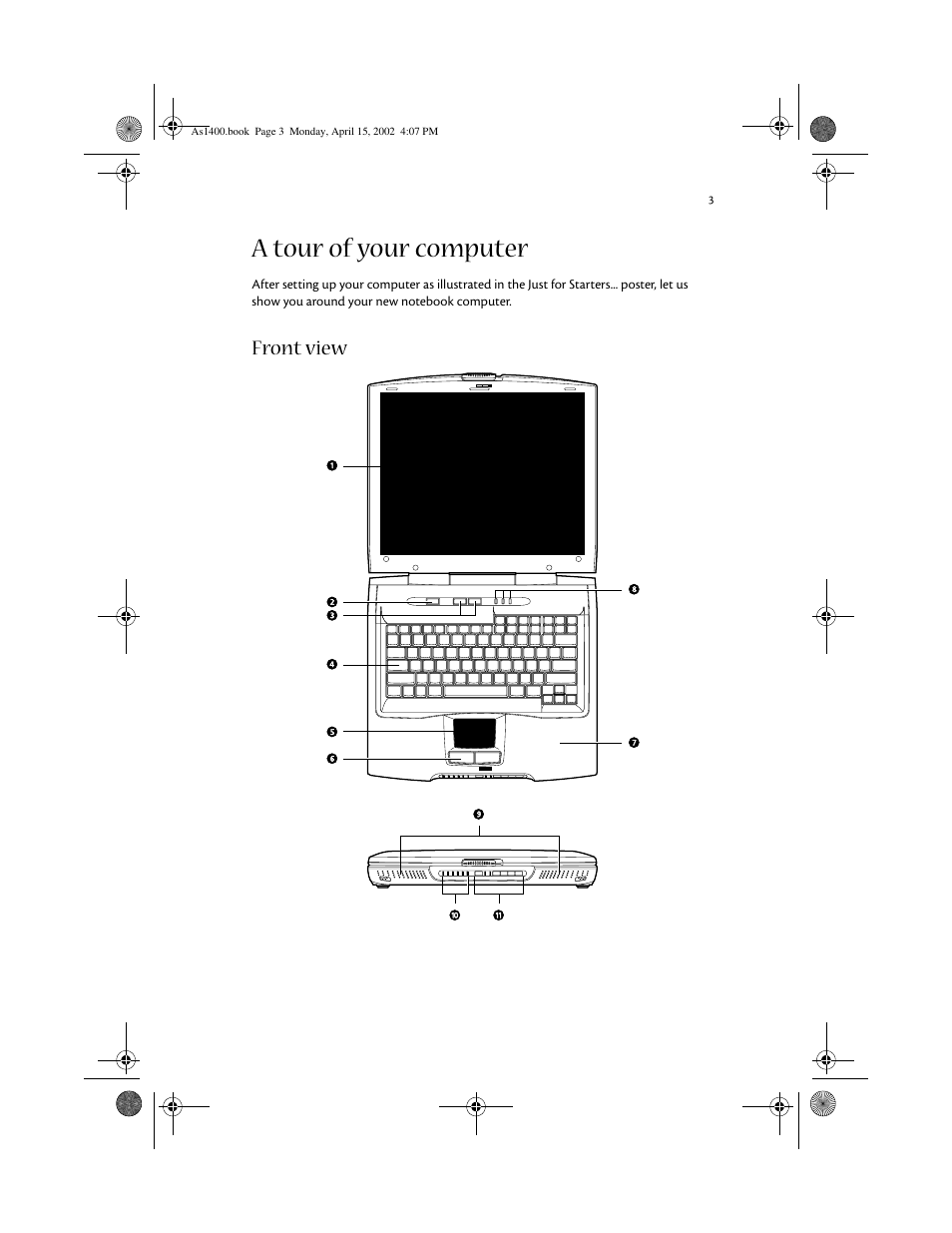 A tour of your computer, Front view | Acer Aspire 1400 User Manual | Page 13 / 110