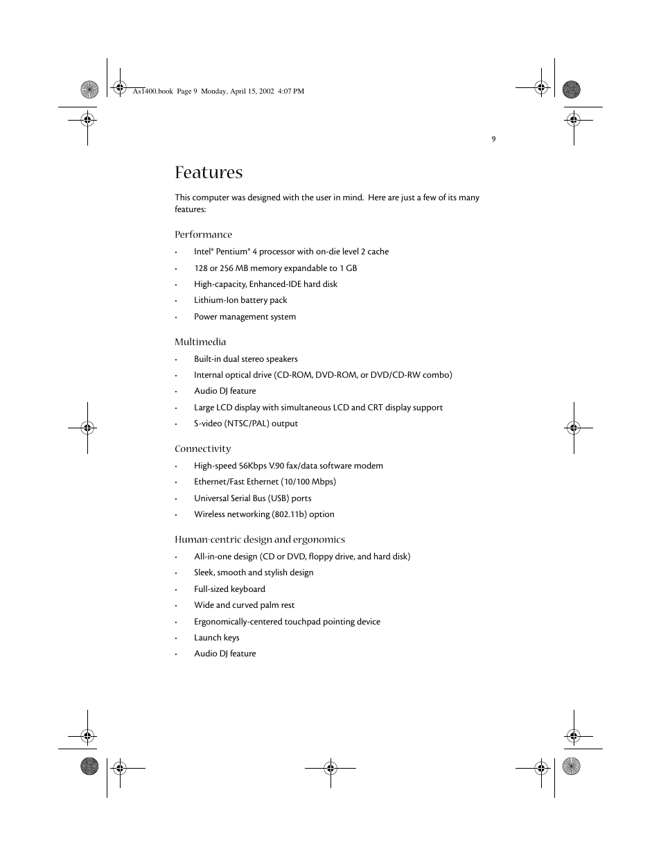 Features | Acer Aspire 1400 User Manual | Page 19 / 110