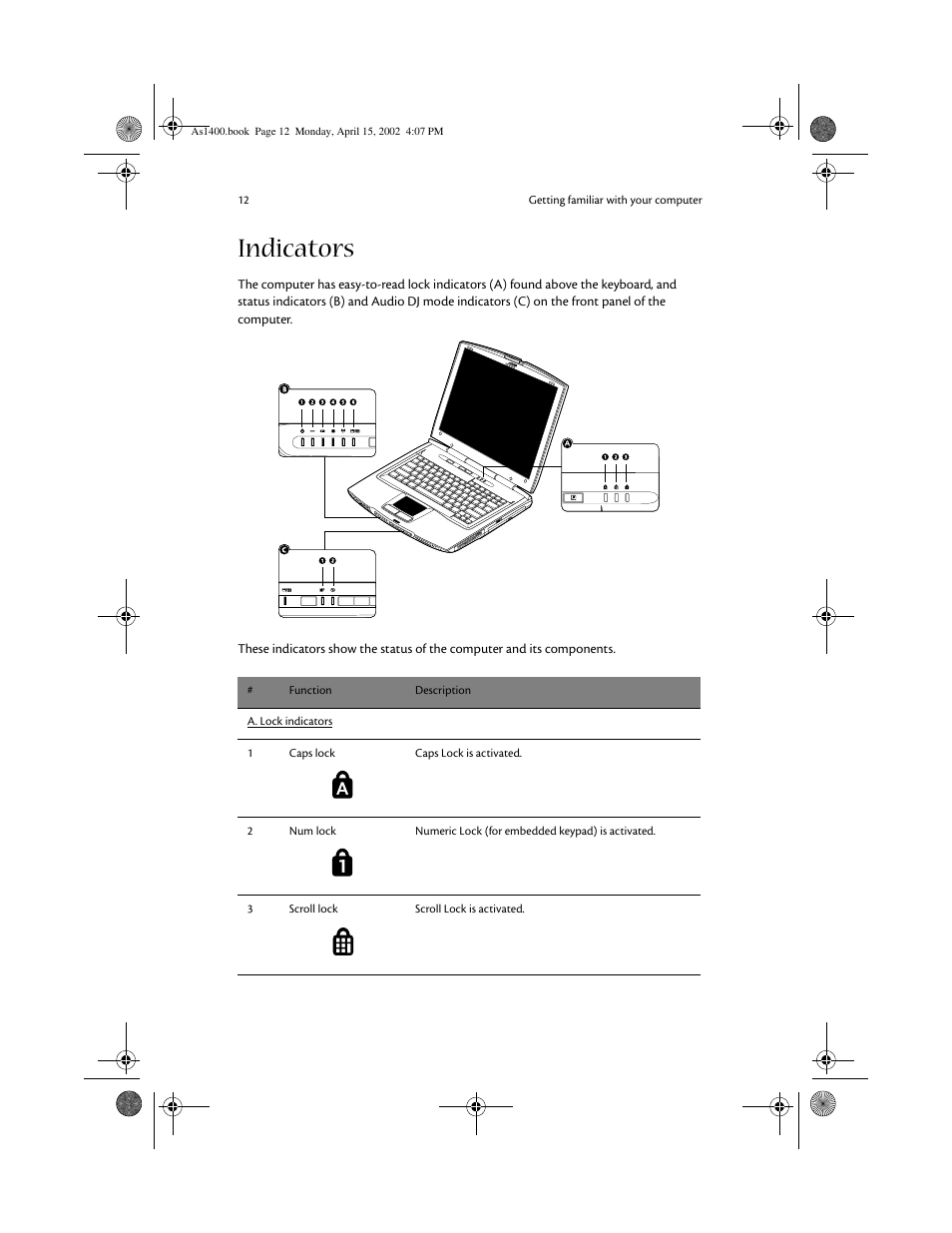 Indicators | Acer Aspire 1400 User Manual | Page 22 / 110