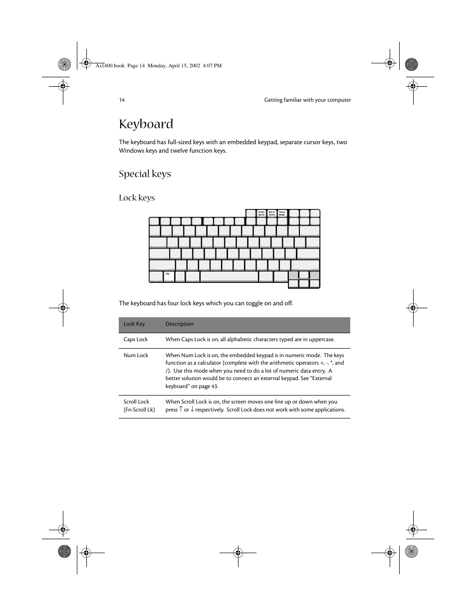 Keyboard, Special keys, Lock keys | Acer Aspire 1400 User Manual | Page 24 / 110