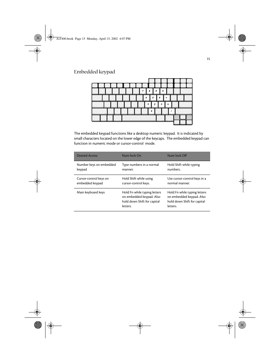 Embedded keypad | Acer Aspire 1400 User Manual | Page 25 / 110