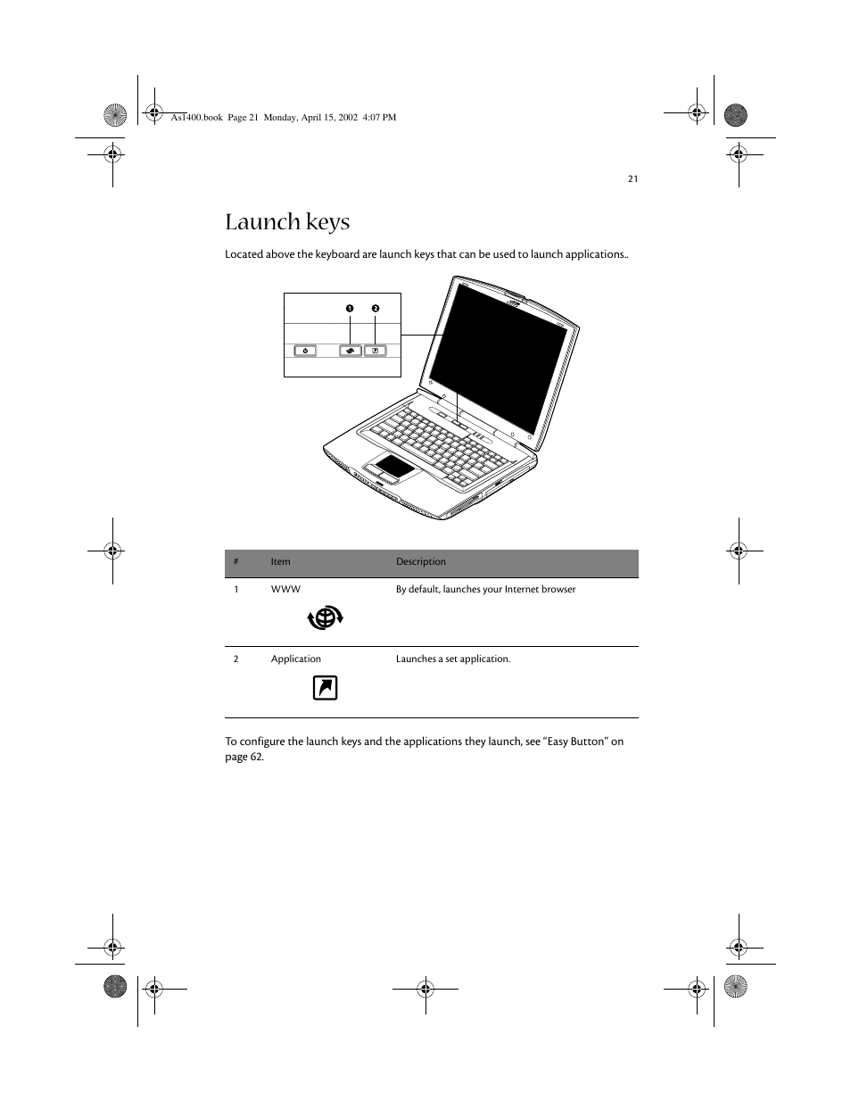 Launch keys | Acer Aspire 1400 User Manual | Page 31 / 110