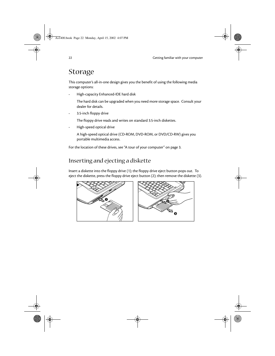 Storage, Inserting and ejecting a diskette | Acer Aspire 1400 User Manual | Page 32 / 110