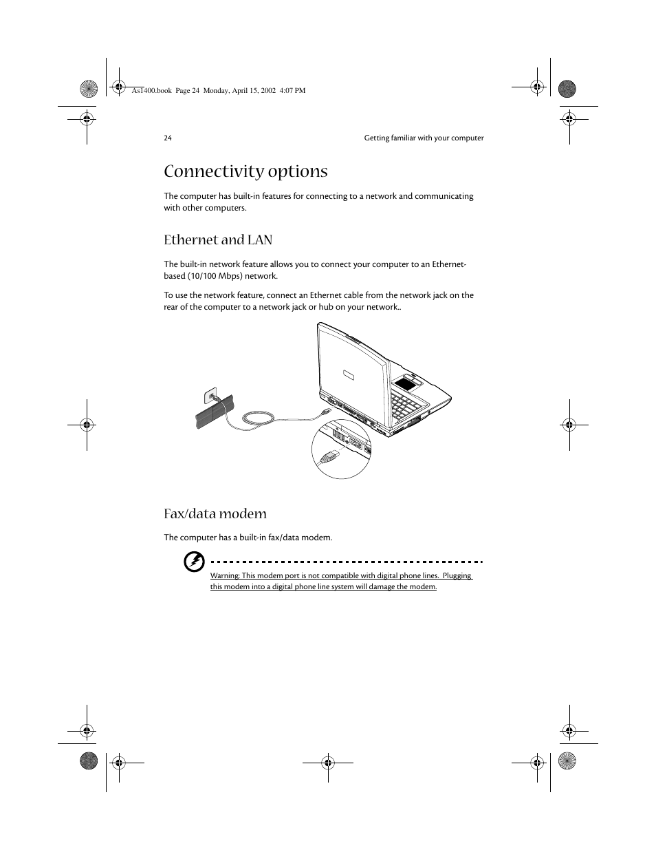 Connectivity options, Ethernet and lan, Fax/data modem | Acer Aspire 1400 User Manual | Page 34 / 110