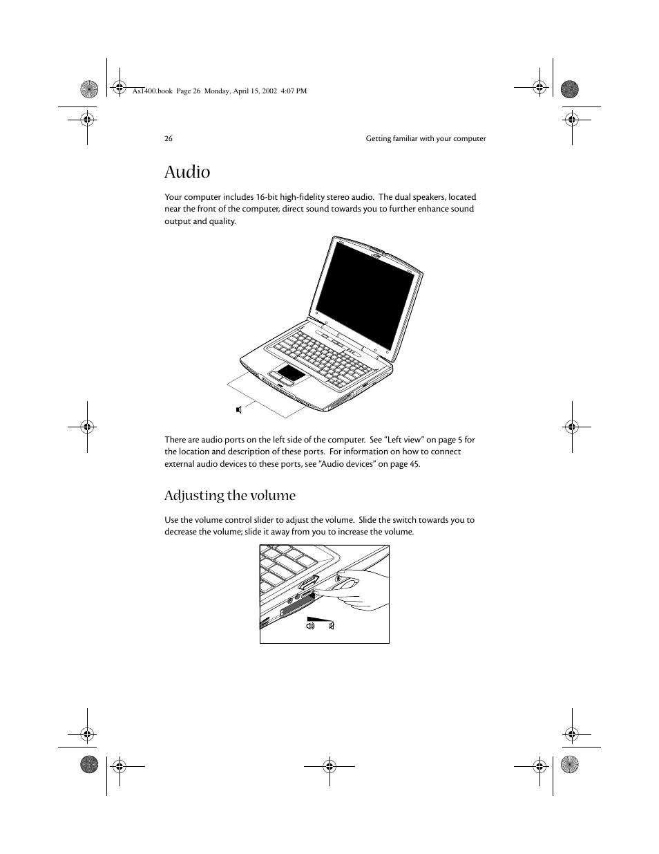 Audio, Adjusting the volume | Acer Aspire 1400 User Manual | Page 36 / 110