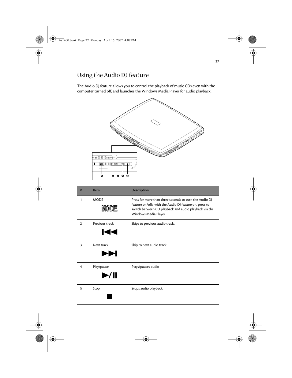 Using the audio dj feature | Acer Aspire 1400 User Manual | Page 37 / 110