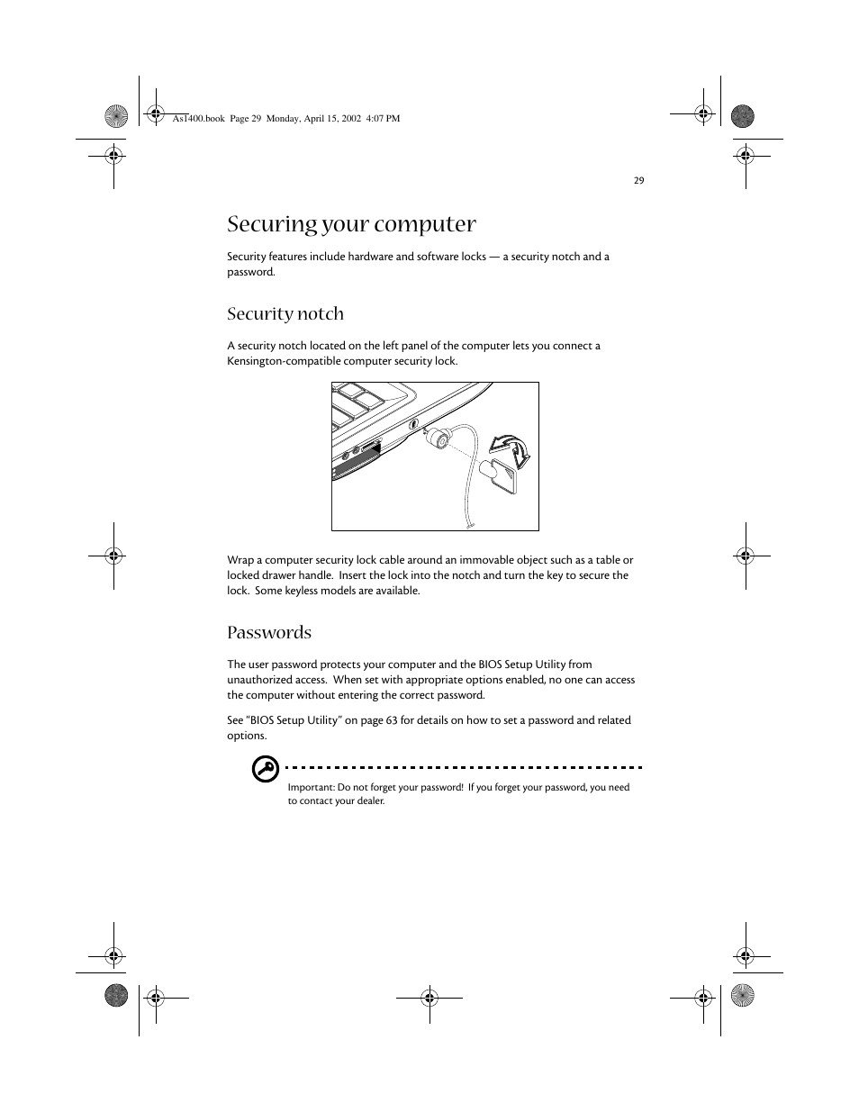 Securing your computer, Security notch, Passwords | Acer Aspire 1400 User Manual | Page 39 / 110