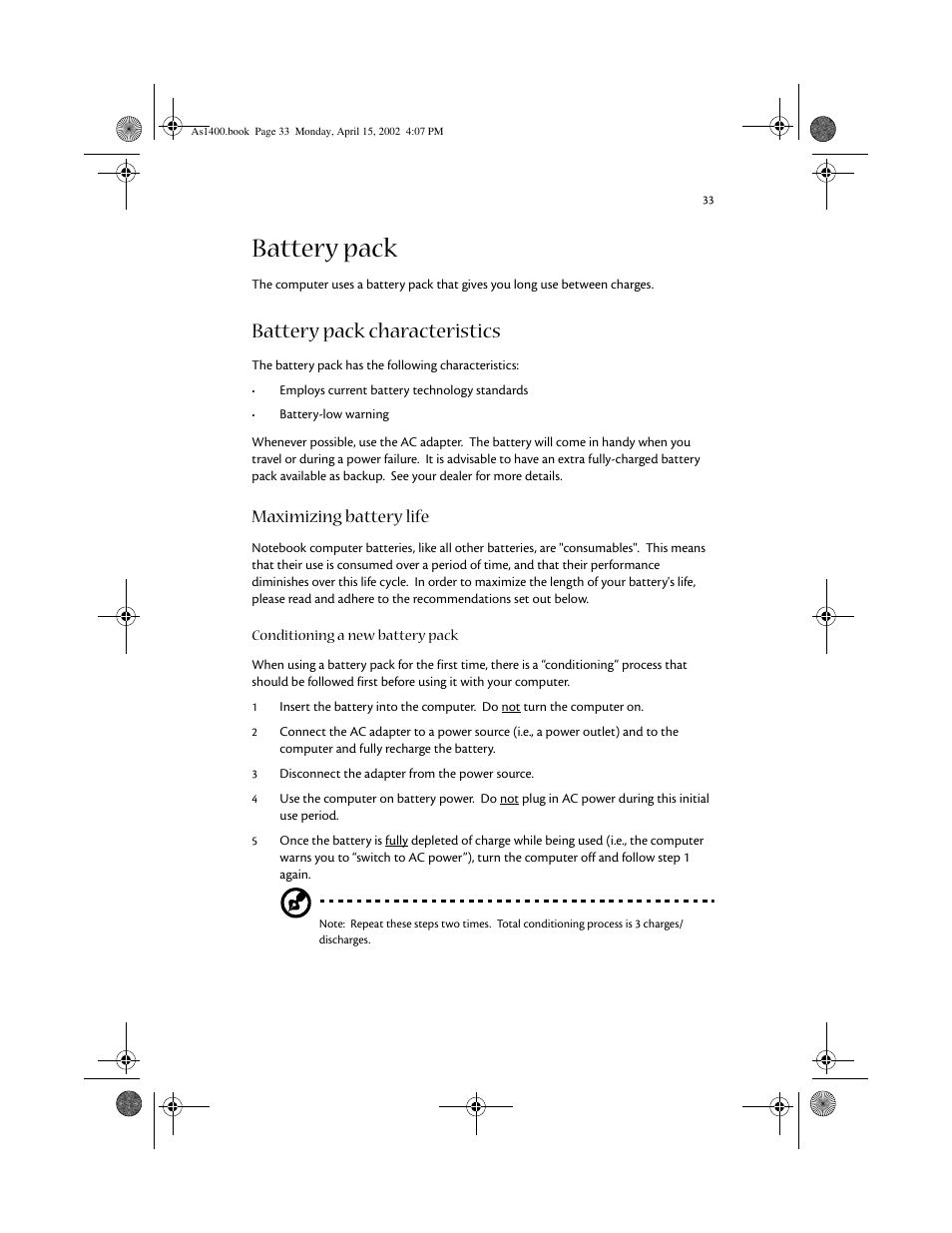 Battery pack, Battery pack characteristics, Maximizing battery life | Acer Aspire 1400 User Manual | Page 43 / 110