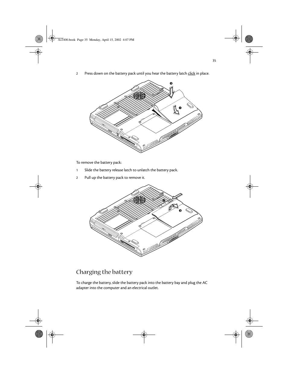 Charging the battery | Acer Aspire 1400 User Manual | Page 45 / 110