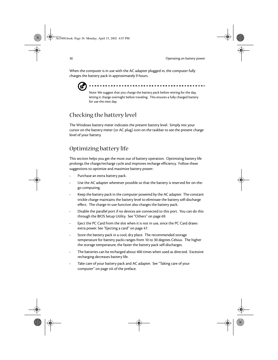 Checking the battery level, Optimizing battery life | Acer Aspire 1400 User Manual | Page 46 / 110